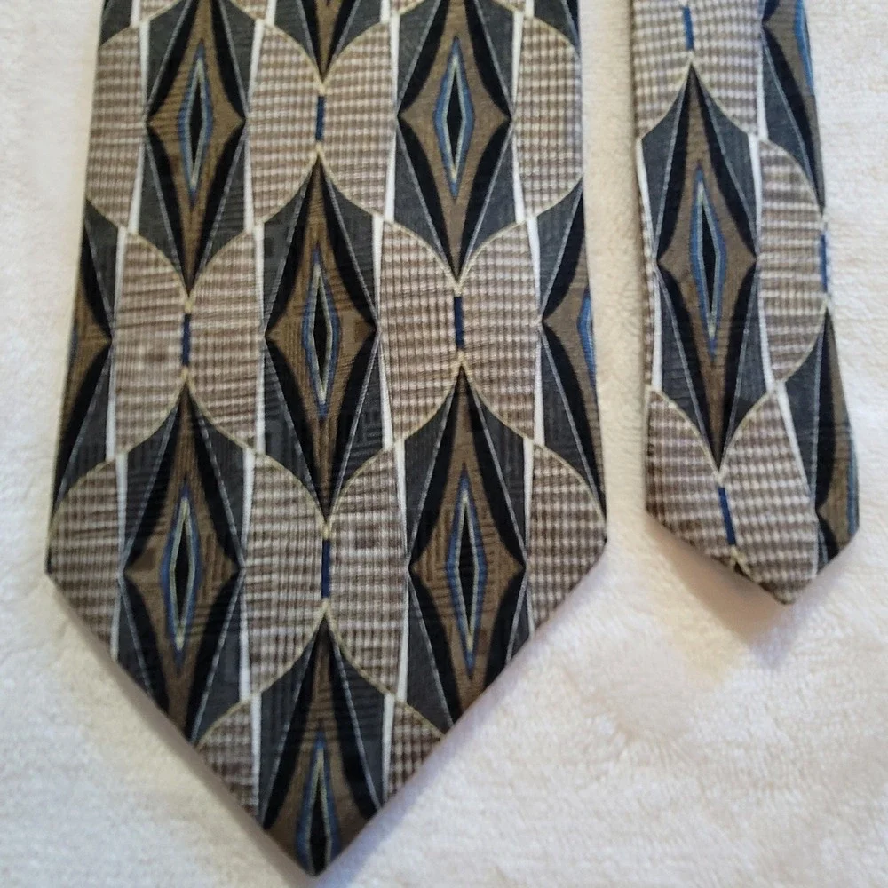 Palatina Silk Necktie Mens OS Brown Grey Blue Geometric Diamond Made in USA